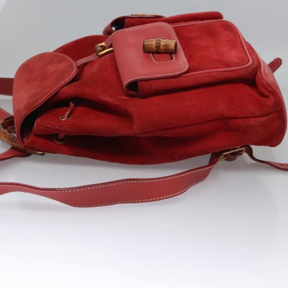 GUCCI Bamboo Backpack Suede Leather Red Gold - Picture 4 of 16